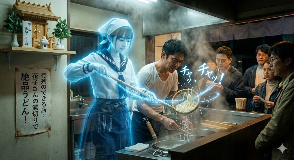 釜玉うどんの湯切り花子